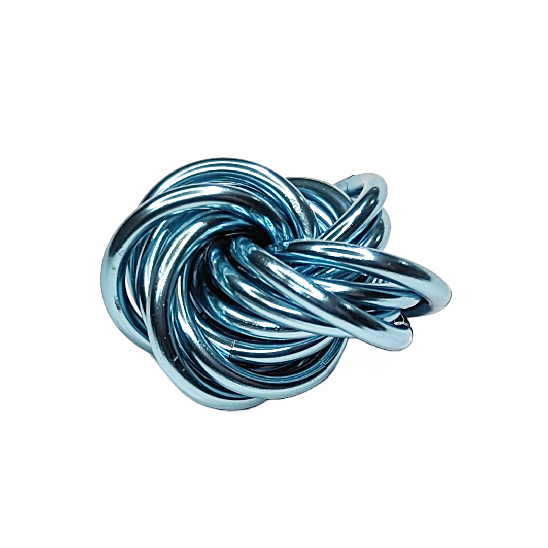 Blue metallic stress ball fidget toy shaped like a twisted coil knot