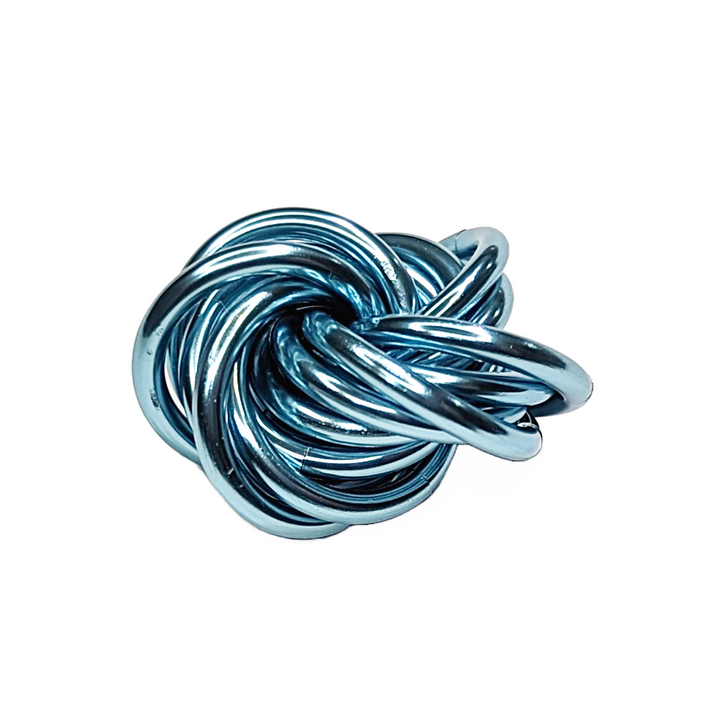 Blue metallic stress ball fidget toy shaped like a twisted coil knot