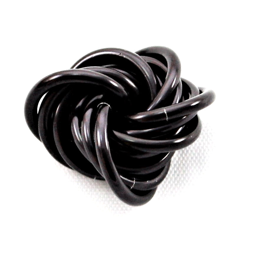 Dark gray stress fidget ball with twisted knot loops and sheen.