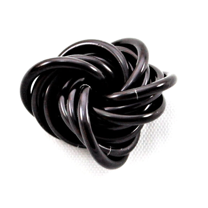 Dark gray stress fidget ball with twisted knot loops and sheen.