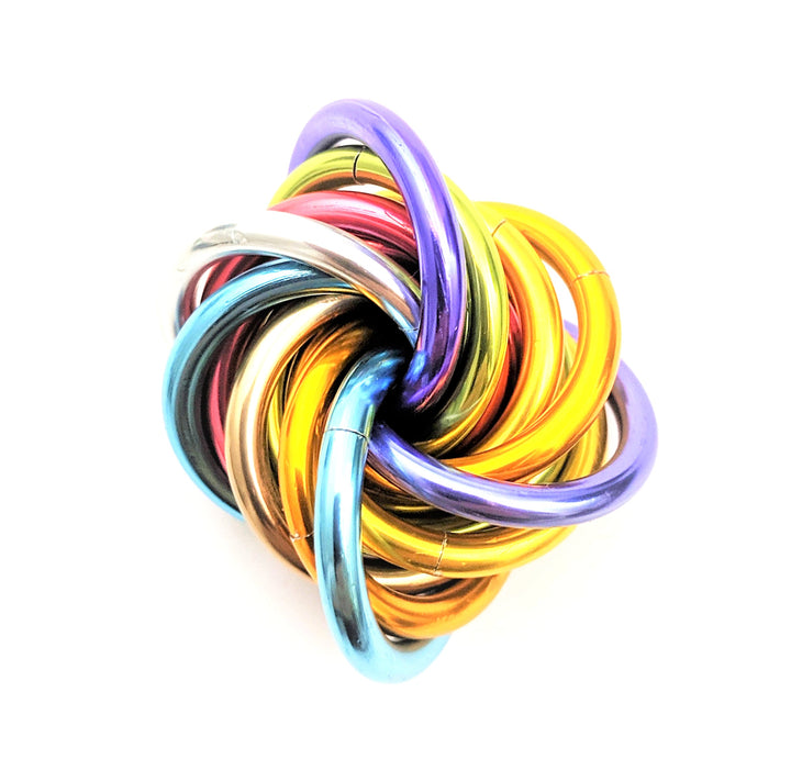 Shiny multicolor fidget stress ball with bright metallic rainbow coil rings