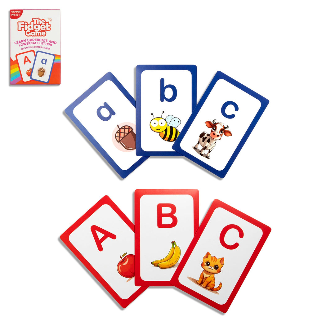 Uppercase and lowercase letter card set with animal letter art, shown in mixed colors