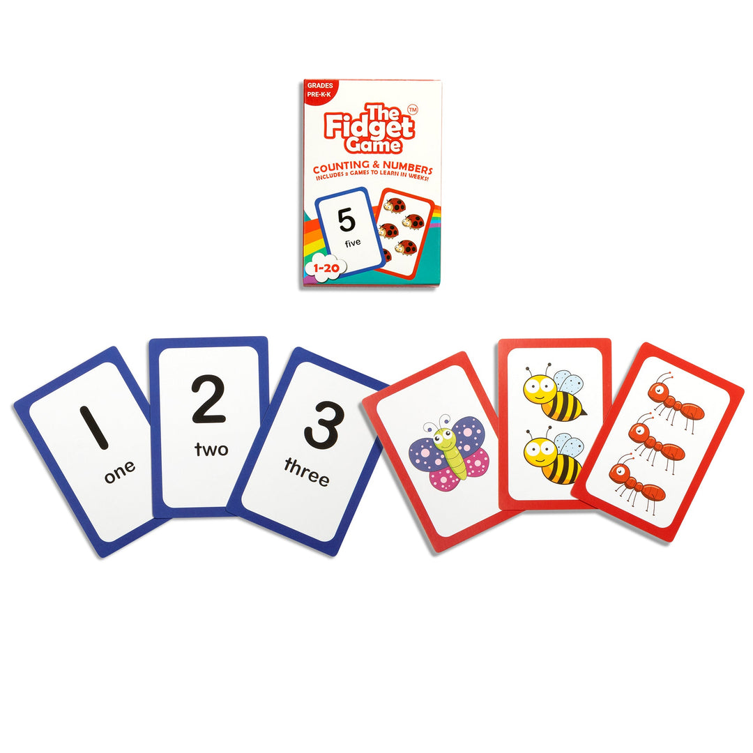 Counting number card set with blue and red cards showing number words one to eight