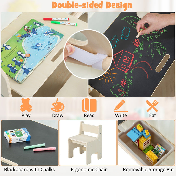 Play mat with chalkboard drawing side, plus chair and removable storage bin
