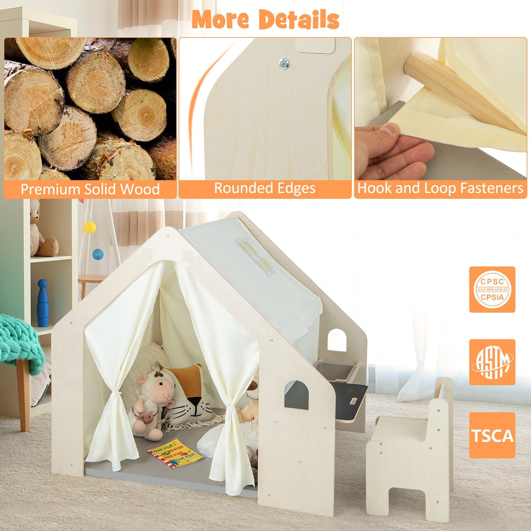 Beige wooden playhouse with white curtains, rounded edges, and hook-and-loop fasteners
