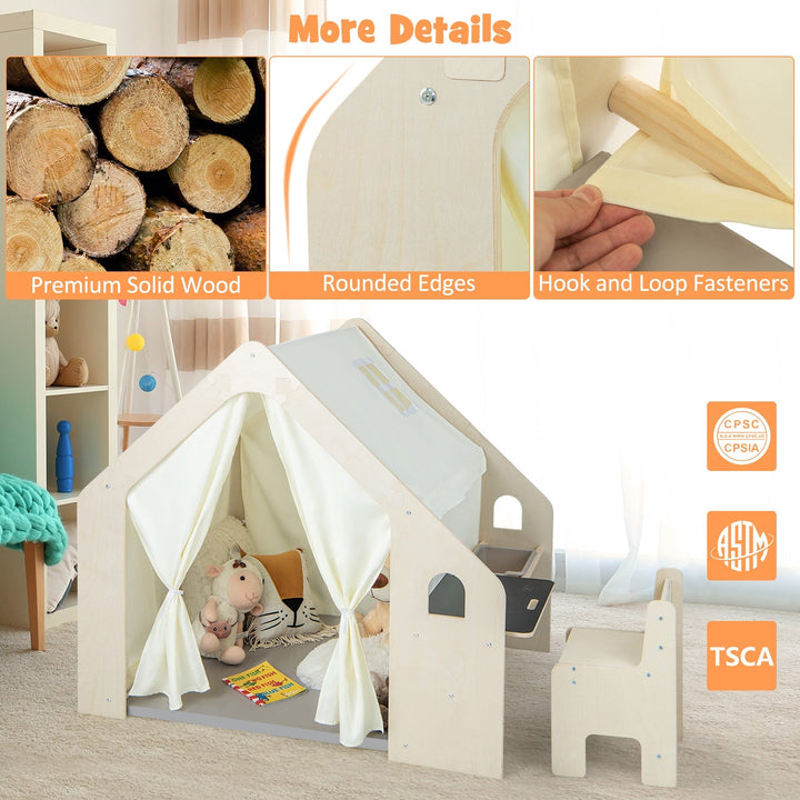 Beige wooden playhouse with white curtains, rounded edges, and hook-and-loop fasteners