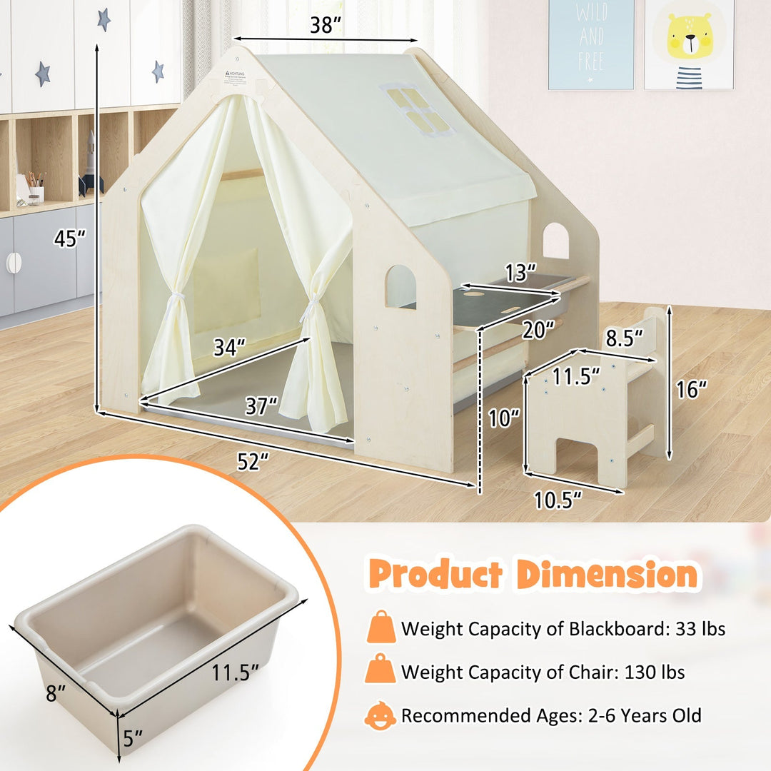 Beige wooden playhouse with white curtains, includes storage bin and floor mat set