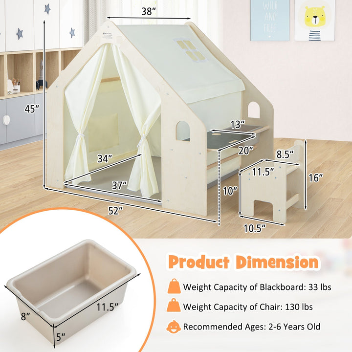 Beige wooden playhouse with white curtains, includes storage bin and floor mat set