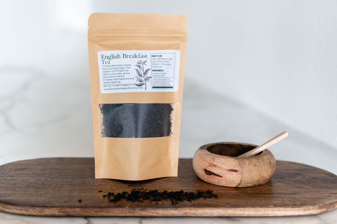 English Breakfast Tea in kraft stand-up pouch with label and herb illustration