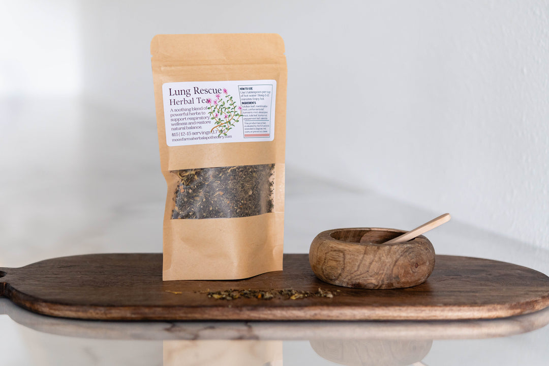 Herbal tea resealable pouch with printed label and herbs, Lung Rescue Herbal Tea