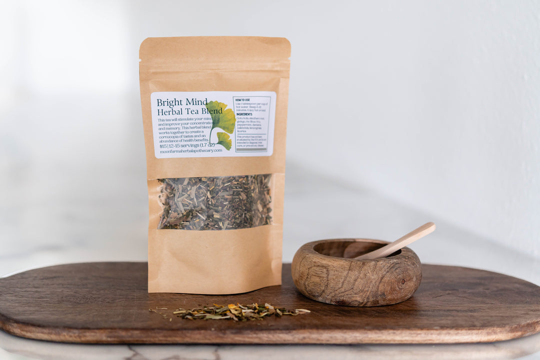 Herbal tea blend pouch with dried herbs visible through front window