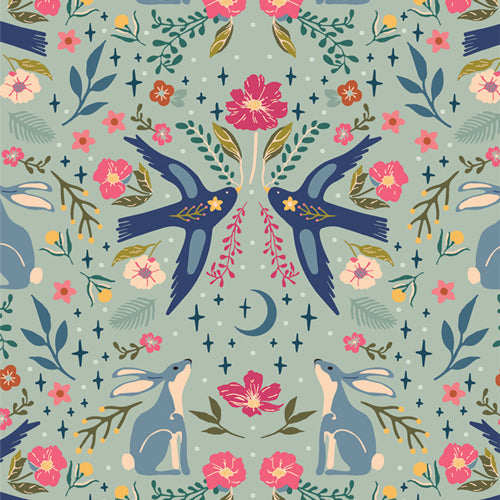 Bowl cover set fabric with floral bird motif in teal, pink, and navy.