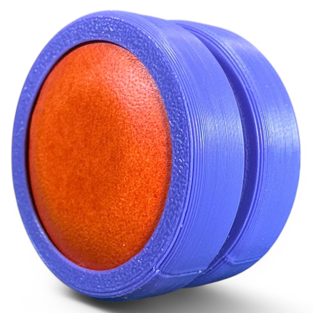 Blue fidget moon toy with orange oval center, two stacked rings