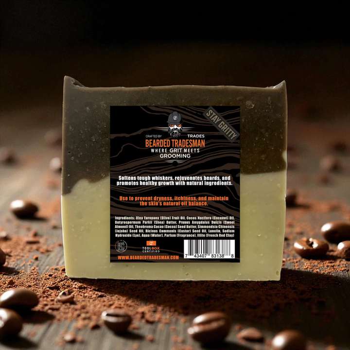 Mocha whisker wash soap bar with back label, dark brown and light tan