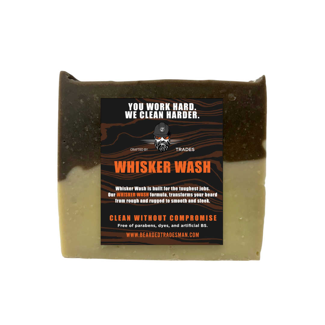 Mocha whisker wash soap bar in dark brown and light tan with front label