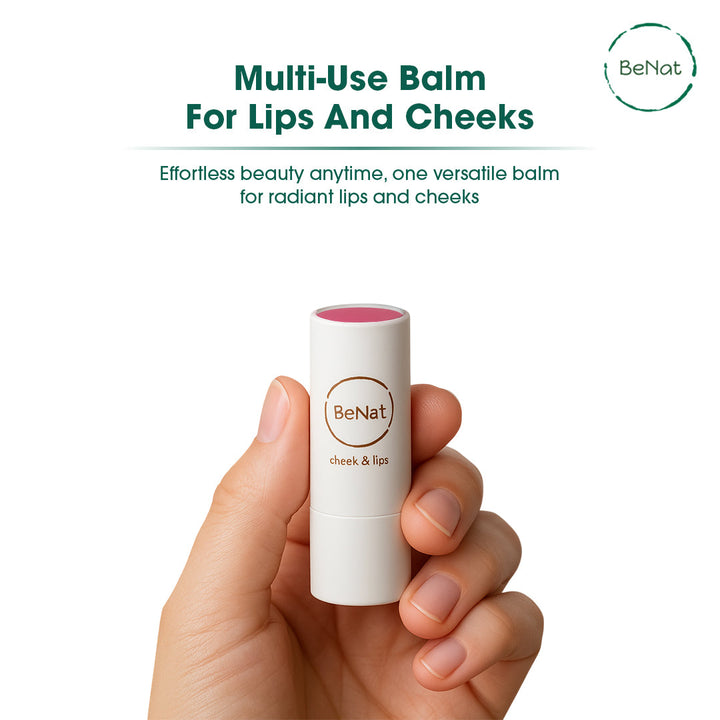 BeNat lip and cheek balm stick held in hand, white tube with pink balm top
