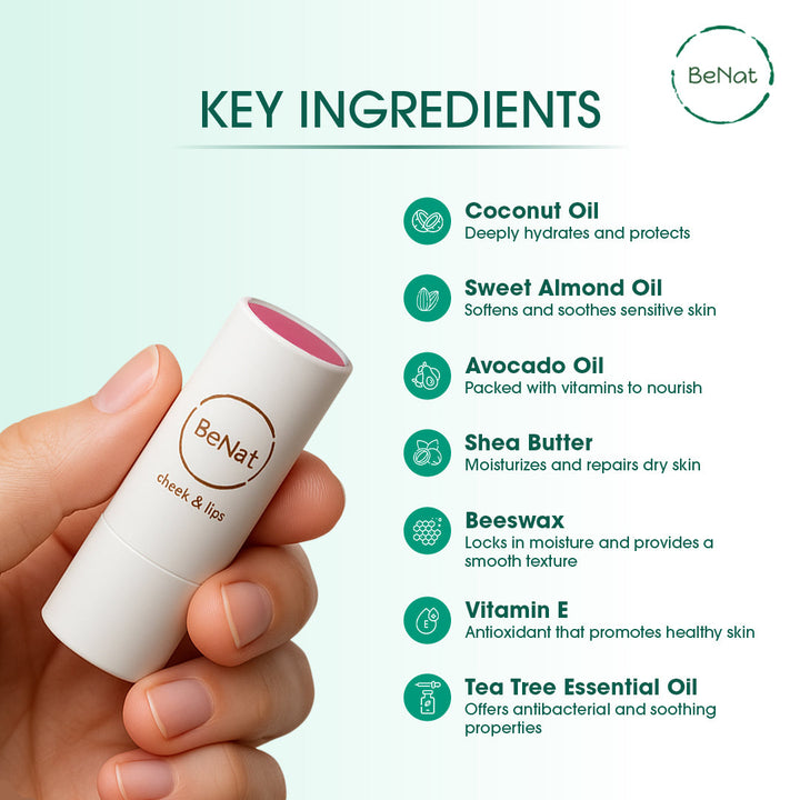 BeNat lip and cheek balm stick in hand, white tube with rosy balm top