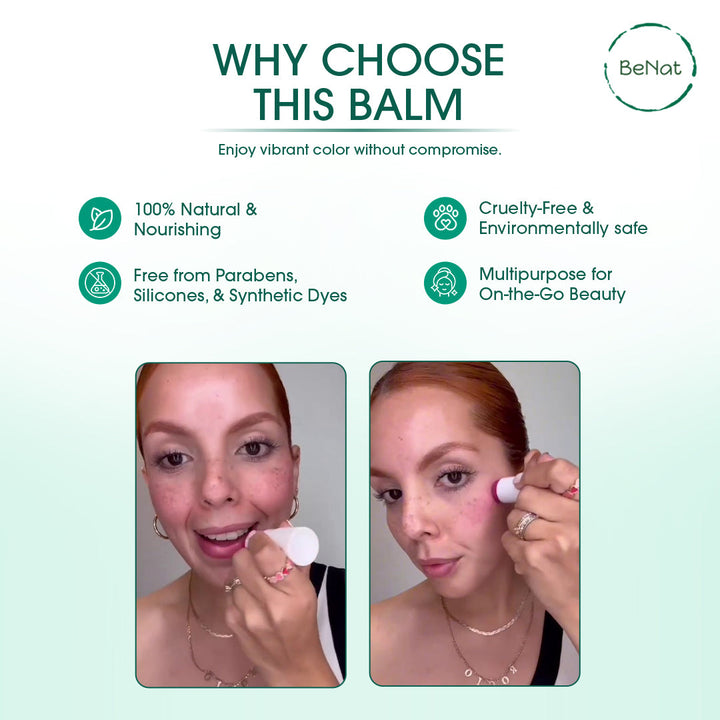 BeNat lip and cheek balm stick applied to lips and cheeks, shown on two faces