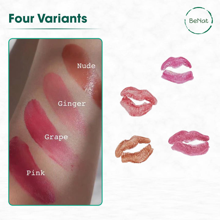 Lip and cheek balm shade swatches: nude, ginger, grape, pink on skin