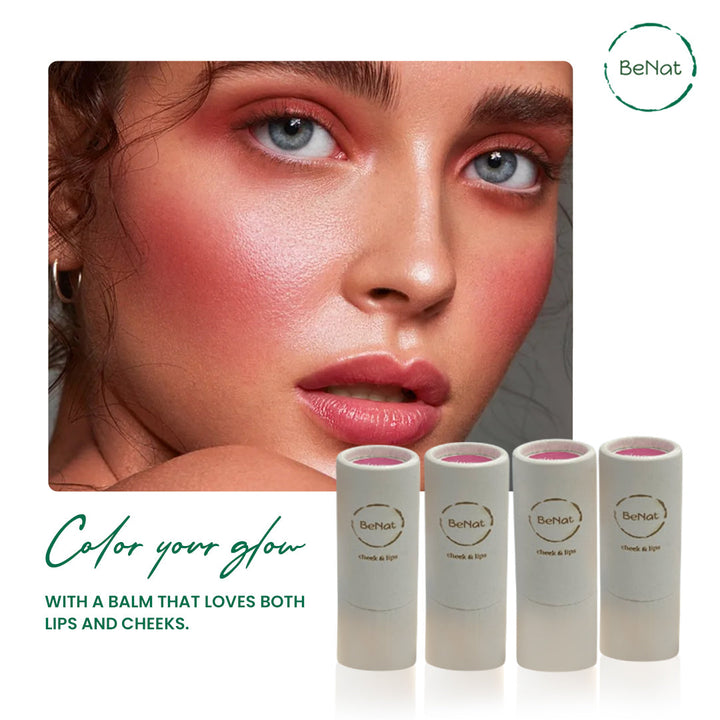 Four BeNat lip and cheek balm sticks with pink tops beside model face