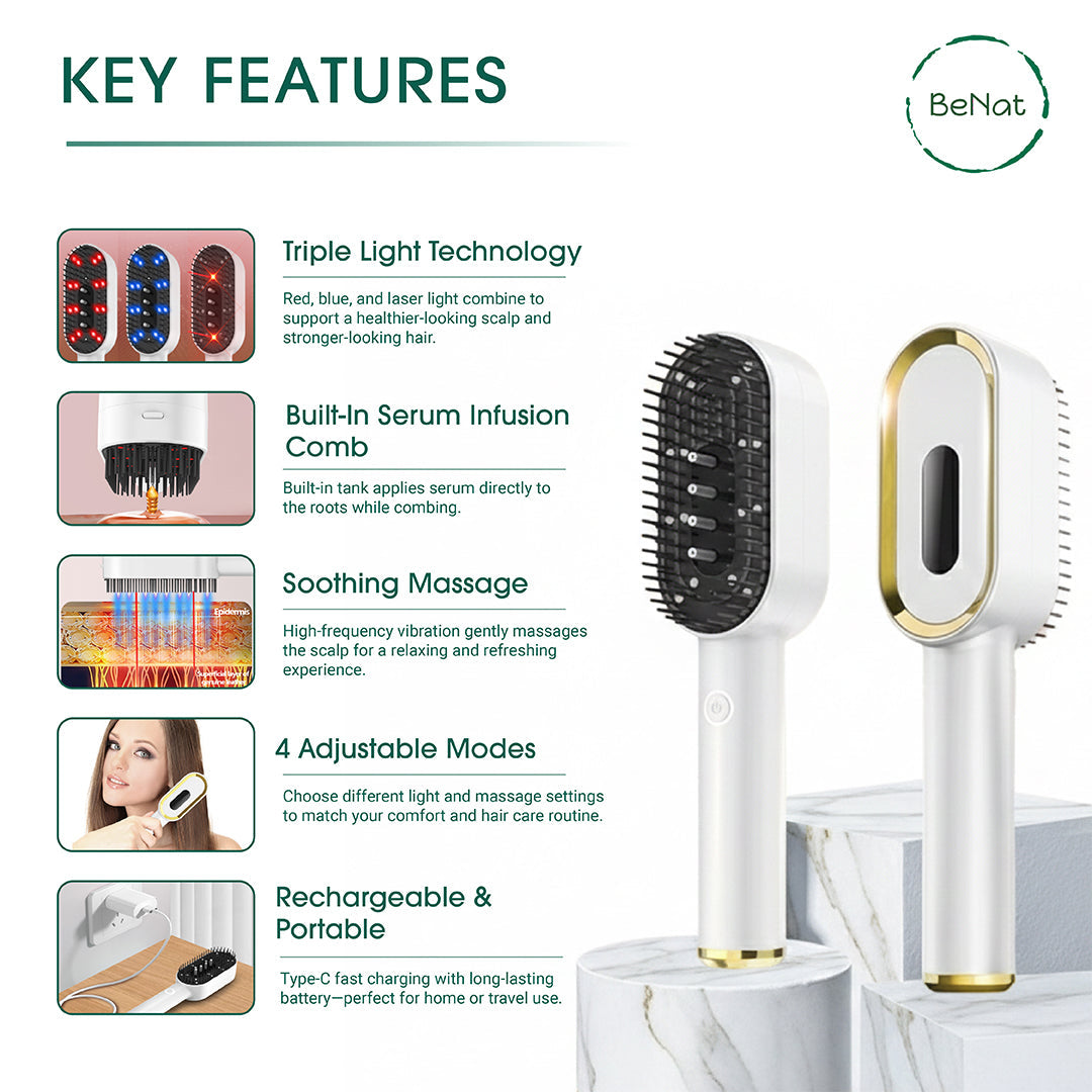 Electric scalp massage brush with black vibration bristles and gold-trimmed oval head