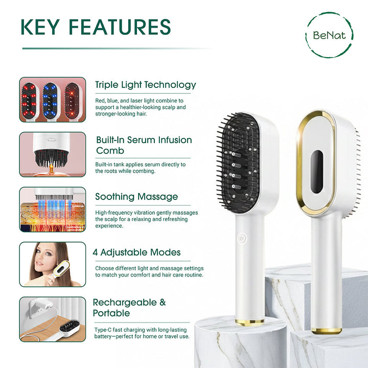 Electric scalp massage brush with black vibration bristles and gold-trimmed oval head