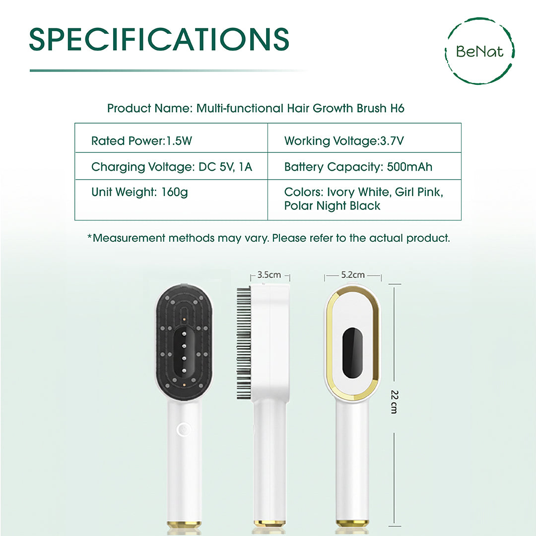 Multi-functional hair growth brush with white body, gold trim, and black bristle pad
