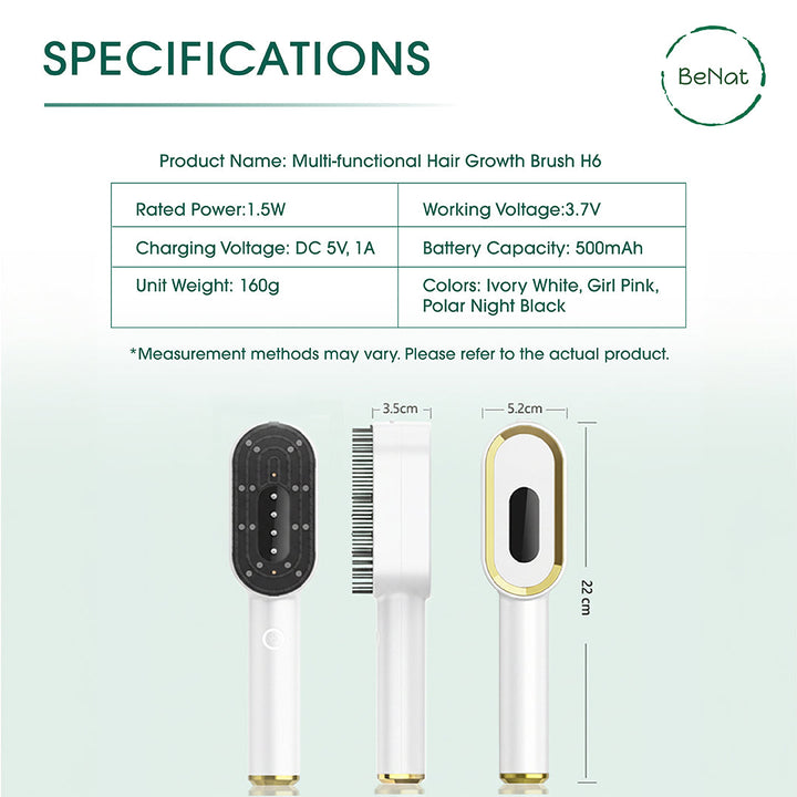 Multi-functional hair growth brush with white body, gold trim, and black bristle pad