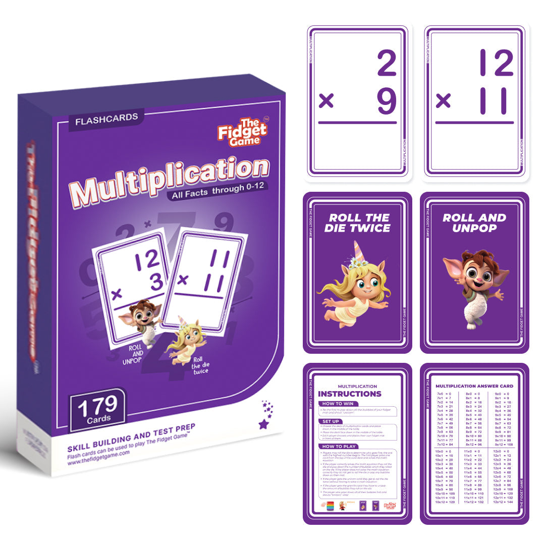 Multiplication flashcard set with purple deck and answer cards