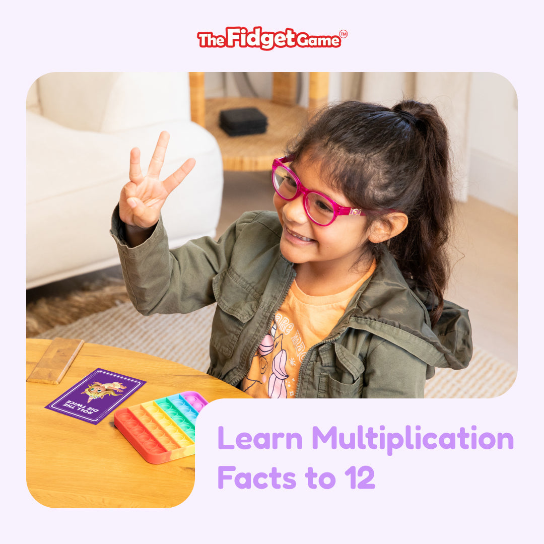 Multiplication flashcards for facts to 12, child playing at home