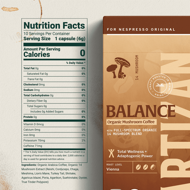 Nutrition facts card next to Balance organic mushroom coffee capsule pack