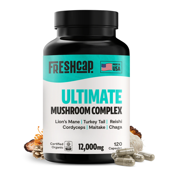 Black supplement bottle with teal label, Ultimate Mushroom Complex, 12,000mg, 120 capsules