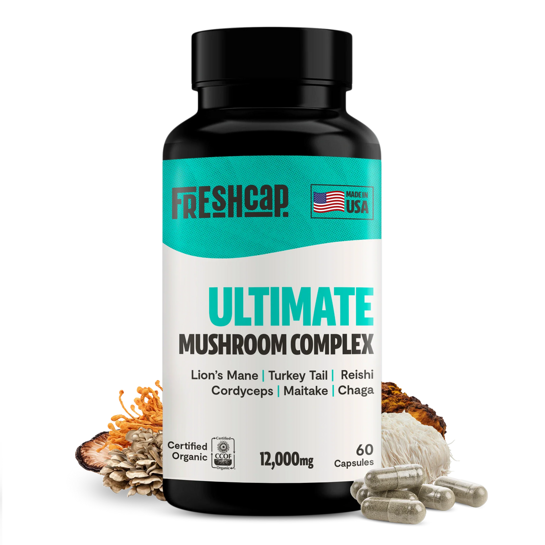 Ultimate Mushroom Complex supplement bottle with black cap, teal and white label