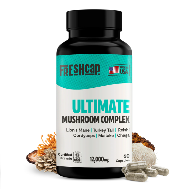 Ultimate Mushroom Complex supplement bottle with black cap, teal and white label