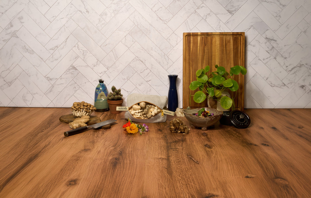 Wood table display with mushrooms and small produce items; storage bag not shown