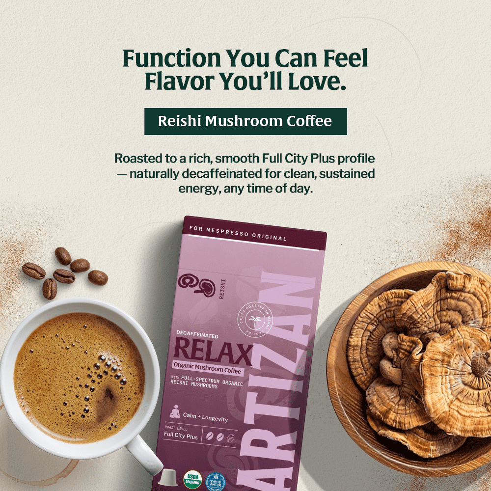 Reishi mushroom decaf espresso capsule pack with brewed cup and reishi mushrooms