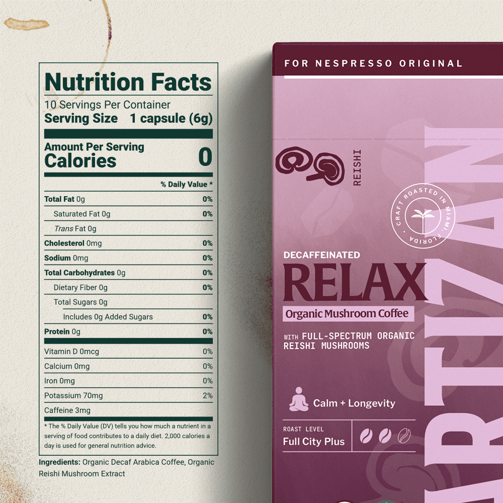 Reishi mushroom decaf espresso capsule pack showing nutrition facts and product label
