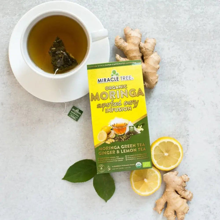 Miracle Tree organic moringa green tea ginger & lemon pouch with front label