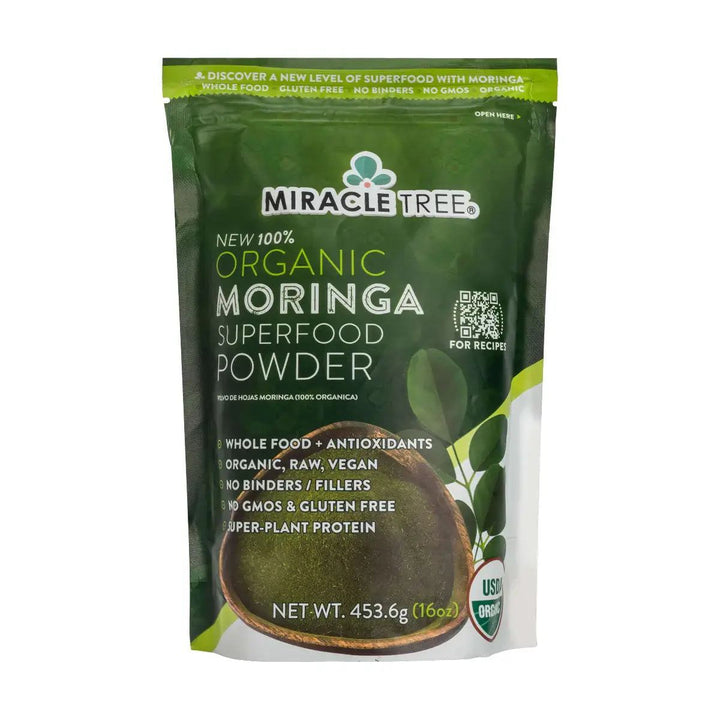 Miracle Tree organic moringa superfood powder pouch, front view