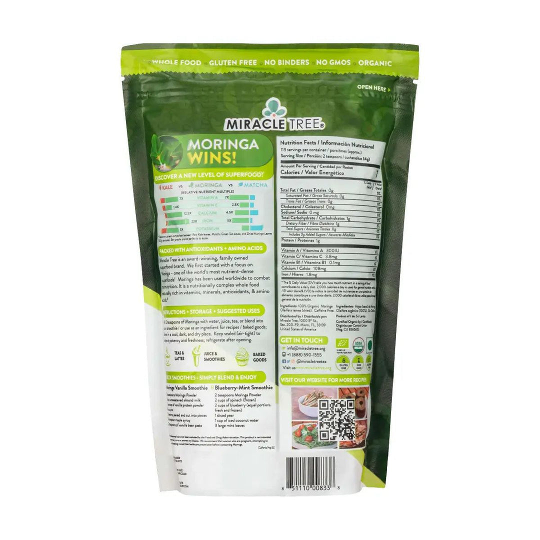 Miracle Tree organic moringa superfood powder pouch, back nutrition label