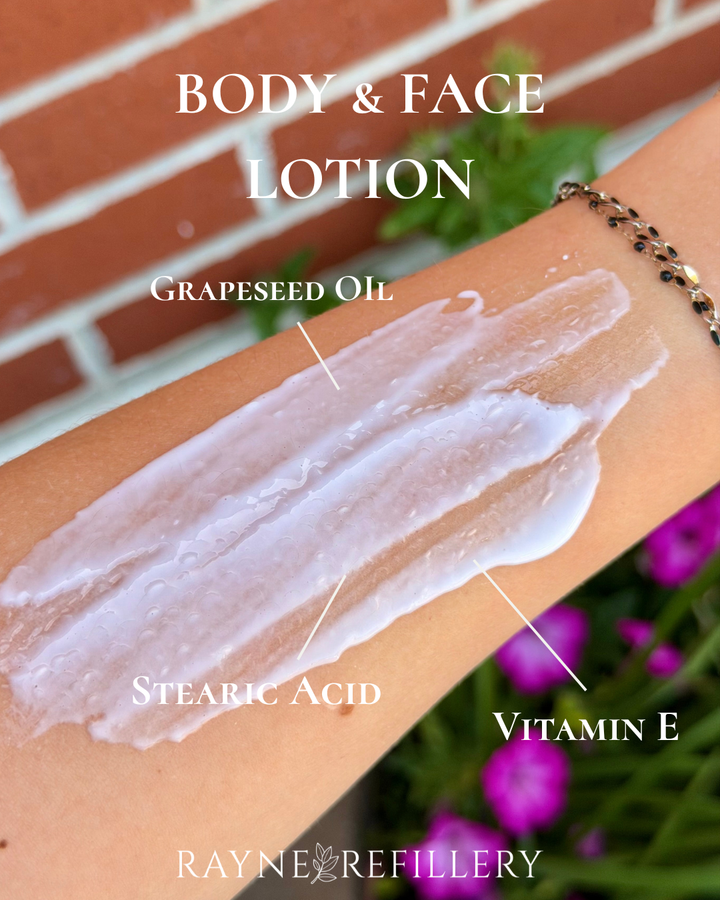 Lotion swatch on arm, white cream spread from pump bottle