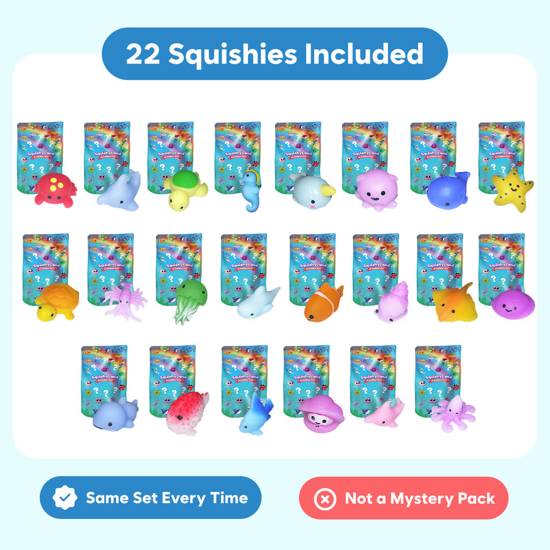 Assorted squishy animal toys on display cards, set of 22