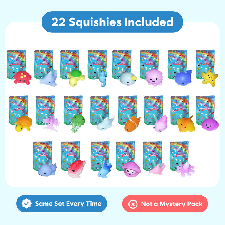 Assorted squishy animal toys on display cards, set of 22