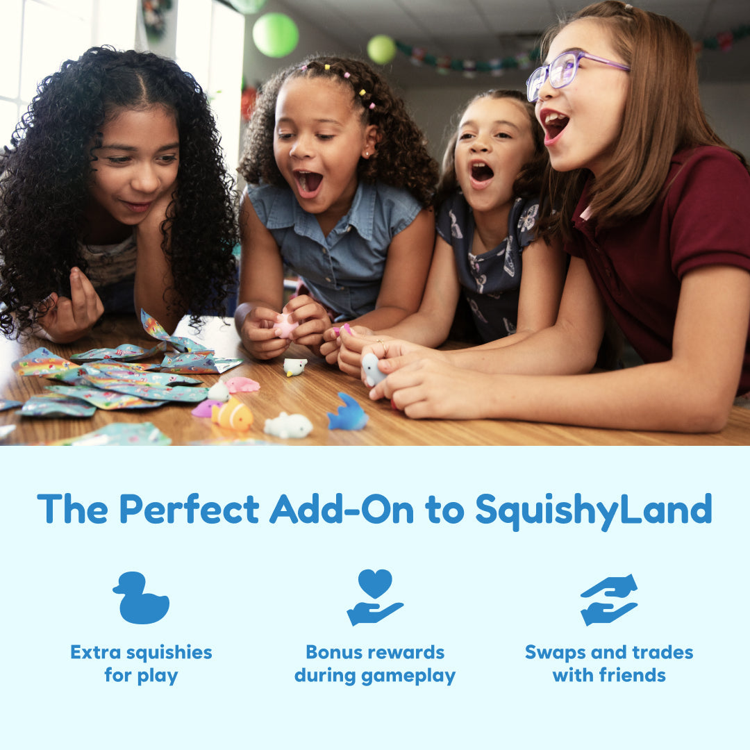 Squishy toy figures for kids during group play on a tabletop
