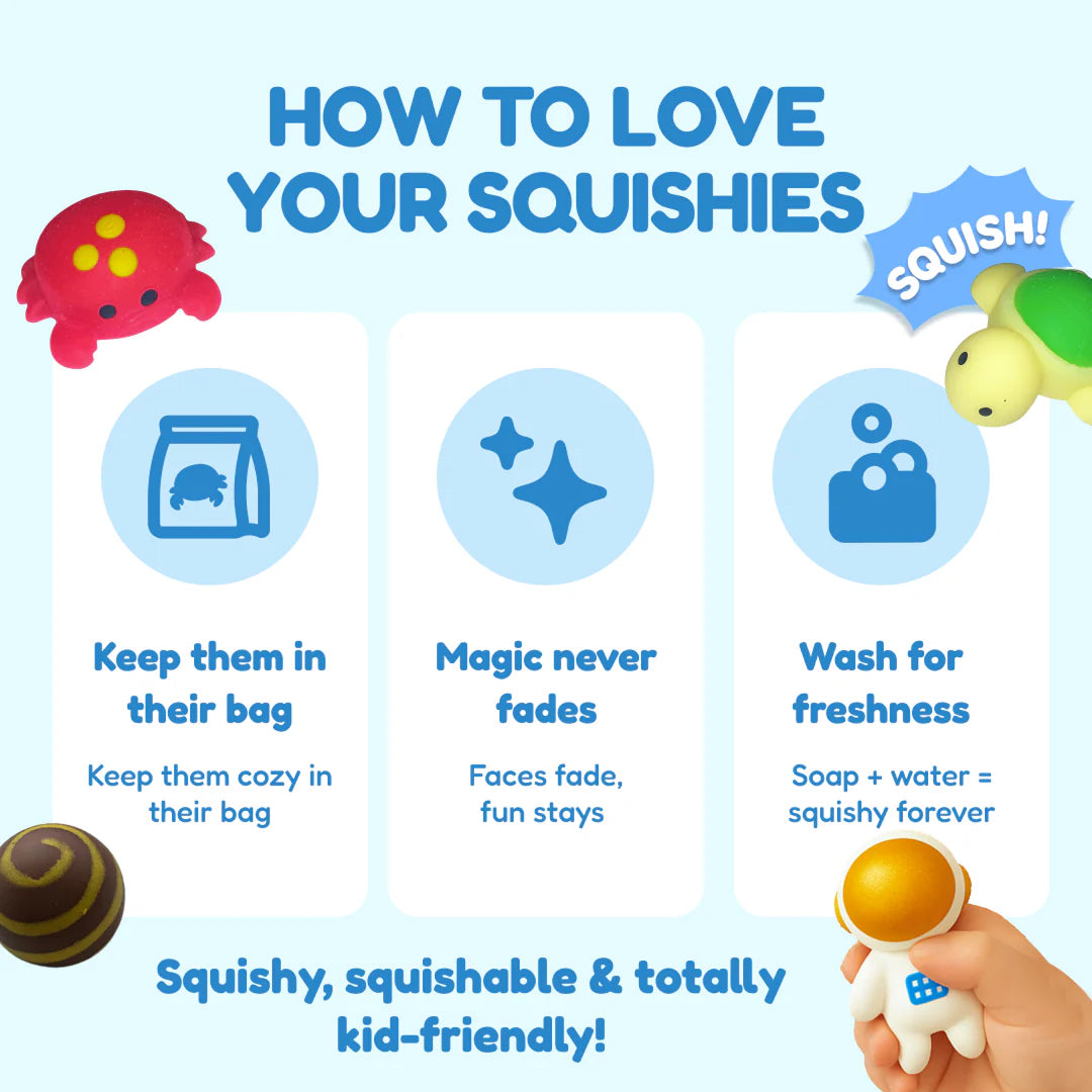 Squishy animal toy collection with care icons for wash and storage