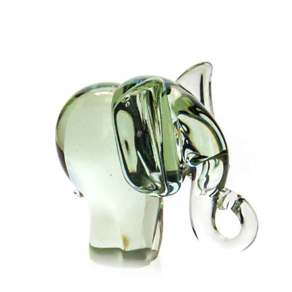 Recycled glass elephant figurine, reflective clear green glass with curved trunk