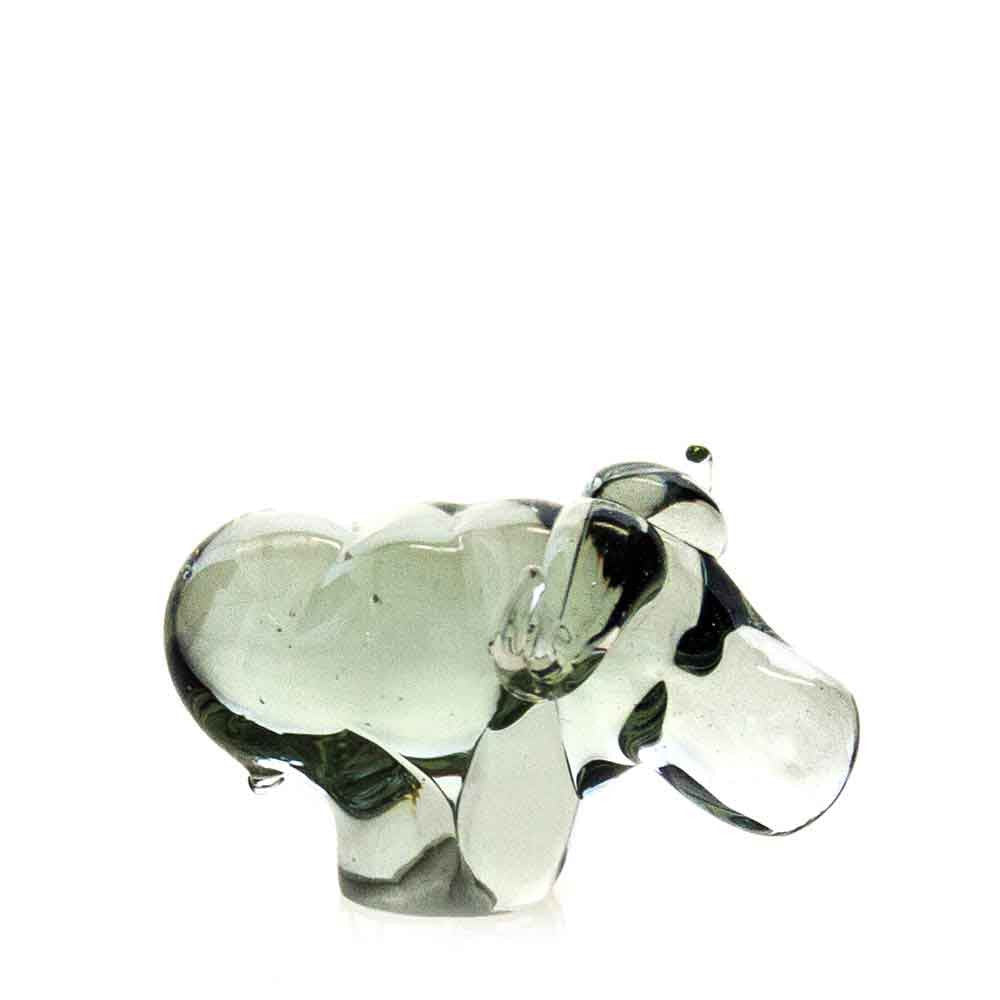Recycled glass buffalo figurine, clear glass with dark spots and curled trunk