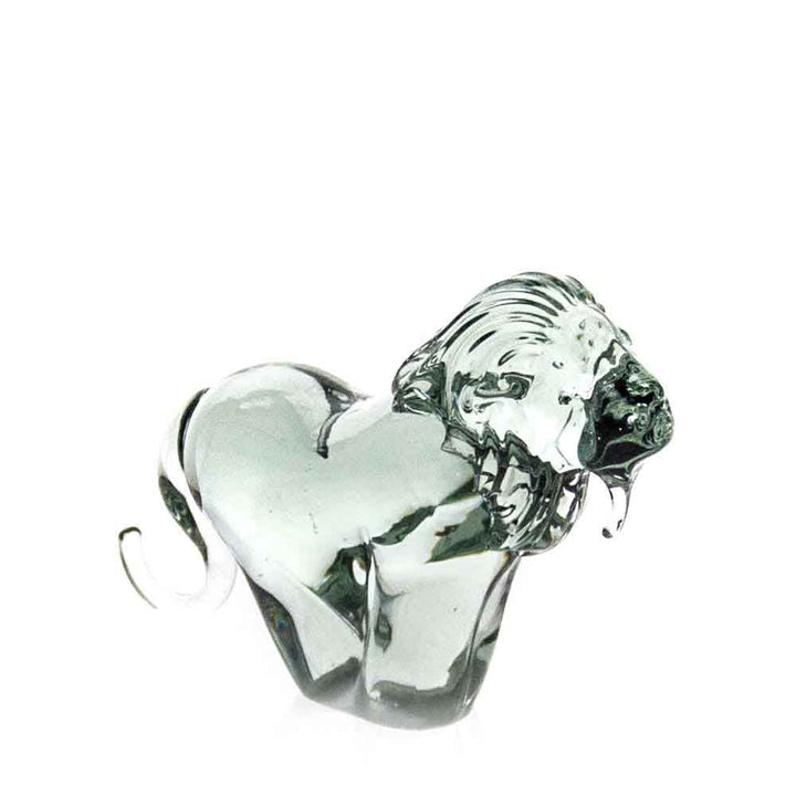 Recycled-glass lion figurine, clear silver tone, front view, mouth open.