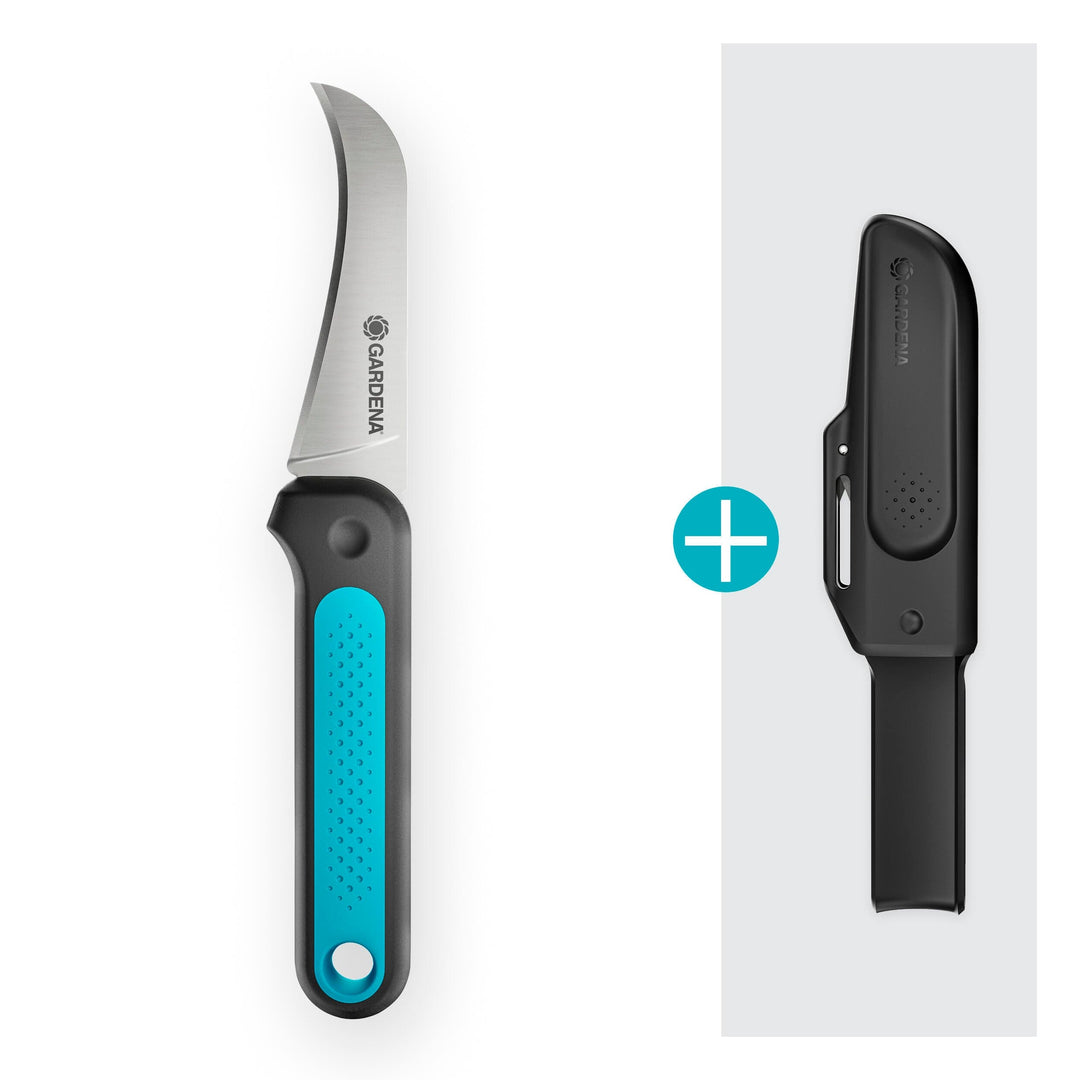 VeggieCut scissors with blue textured handle plus black protective cover