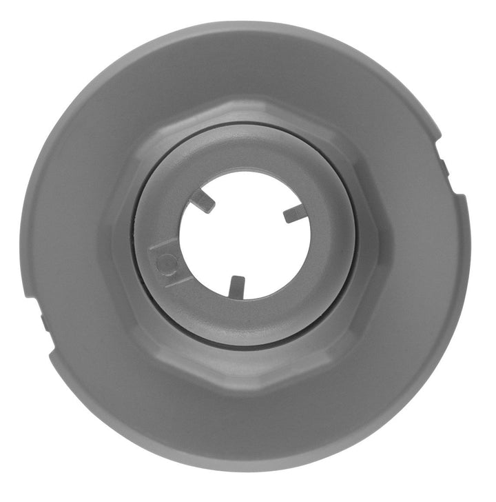 Faucet quick adapter underside with round port and alignment slots, metal gray